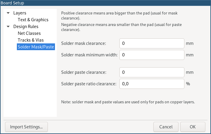 Pads and mask clearance dialog (KiCad v5.1.4)